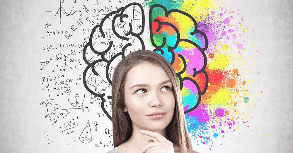 Brain science illustration with colorful creative elements and mathematical notes, representing cognitive thinking and mental performance.