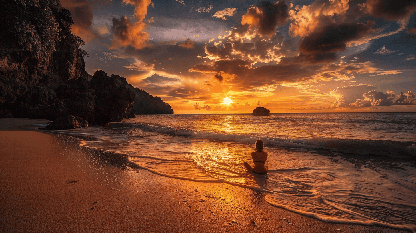 Sunset over tropical beach with woman meditating, vibrant orange sky and calm ocean waves, scenic coastal landscape, peaceful sunset beach scene, perfect for relaxation and travel inspiration.