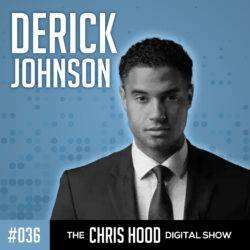 Derrick Johnson, professional host of The Chris Hood Digital Show, in a stylish black suit and tie, on a modern blue background with podcast branding elements, promoting digital media and podcasting.