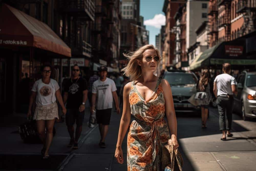 Stylish woman walking confidently through a busy city street under bright sunlight, wearing fashionable sunglasses and an elegant floral dress. Urban scene captures modern lifestyle and street fashion.