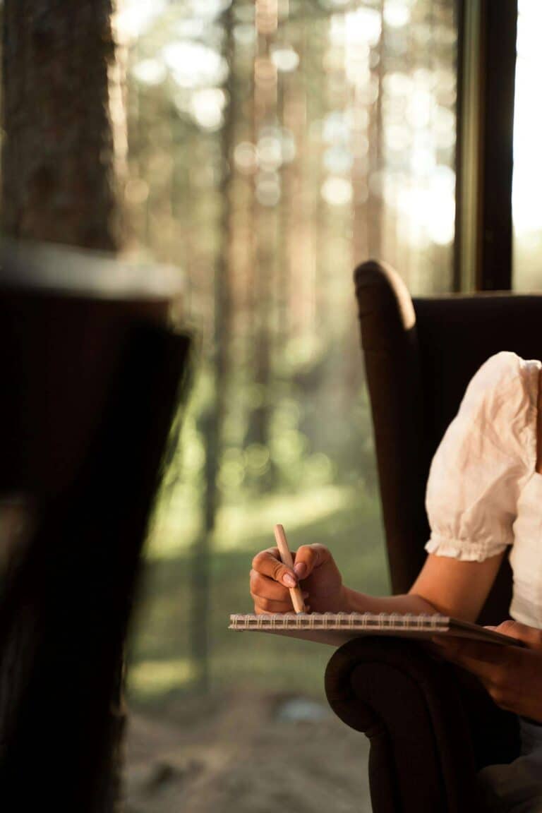 Journal and pen by a window, representing expressive writing and trauma healing through writing.