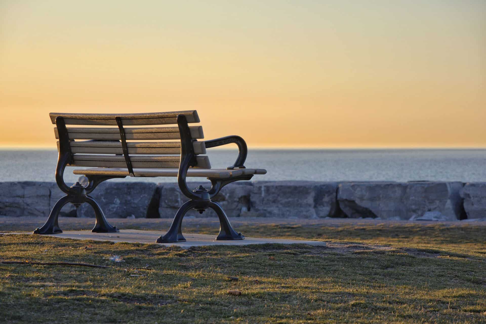 Empty park bench at sunrise in soft golden light — healing from a complicated Father's Day and father wound trauma recovery