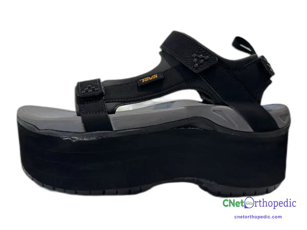 Black Teva sport sandal with a 2.5 inch shoe lift
