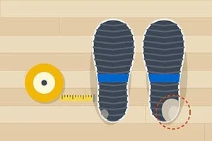 Illustration of uneven shoe wear: two sneaker soles side by side, one heel worn down more than the other, next to a tape measure