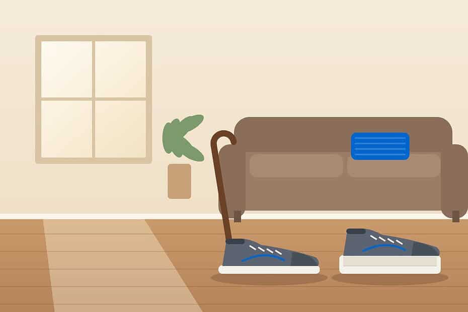 Walking uneven after hip surgery: illustration of walking sneakers, one with a thicker lifted sole, and a cane beside a couch