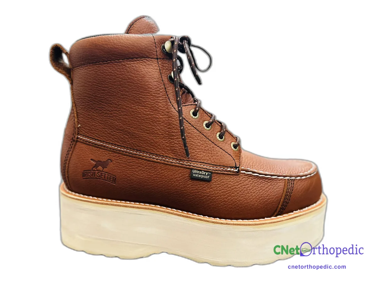 Brown Red Wing style work boot with a 2 inch shoe lift