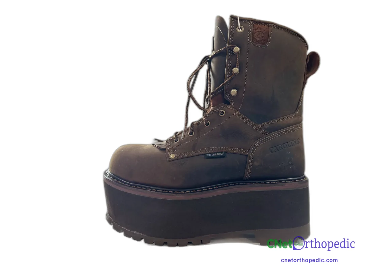 Brown leather work boot with a 2.5 inch black shoe lift