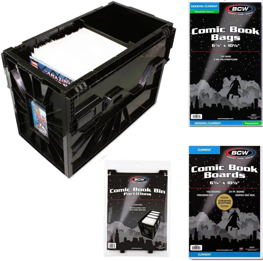 Comic book bags, bin, boards