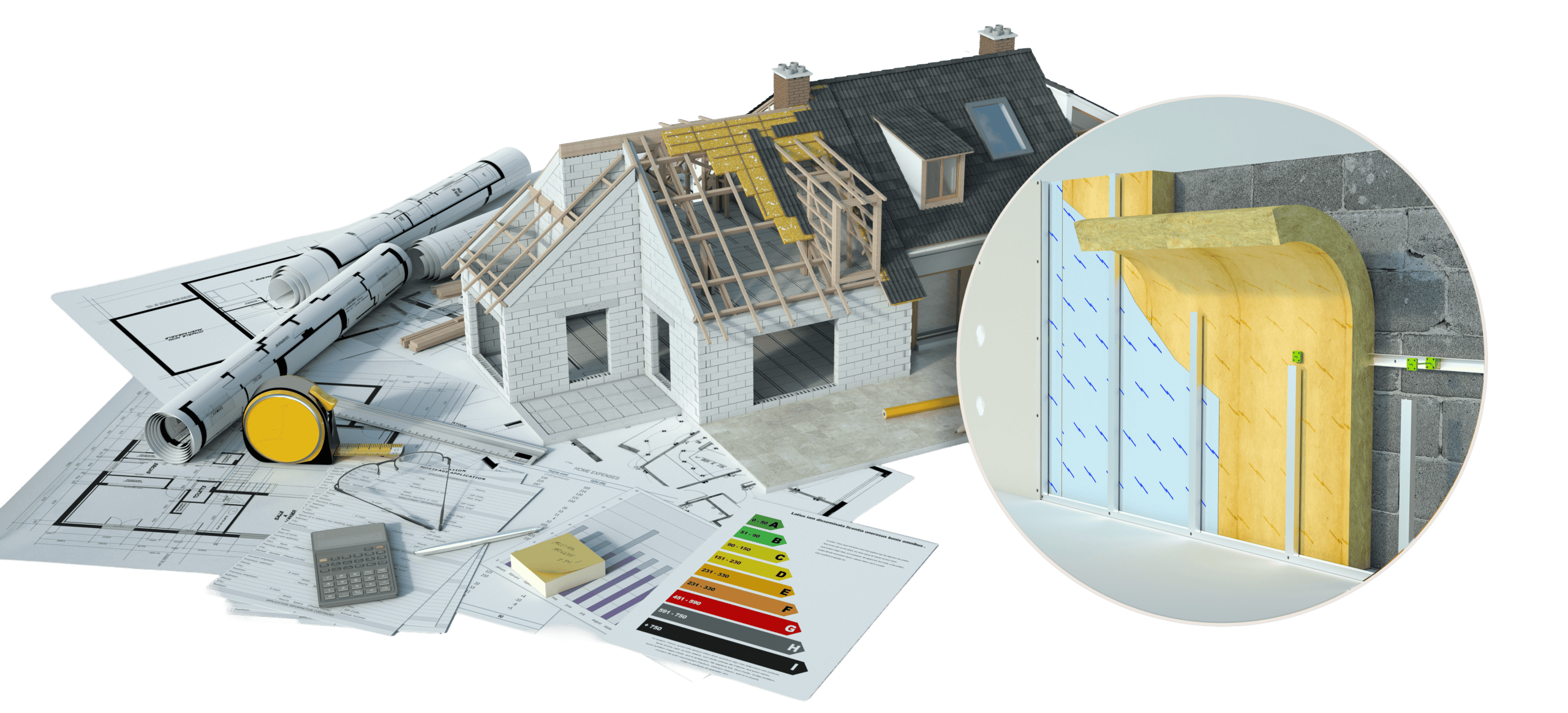 House model, construction plans, and wall insulation detail illustrating a whole-home insulation project