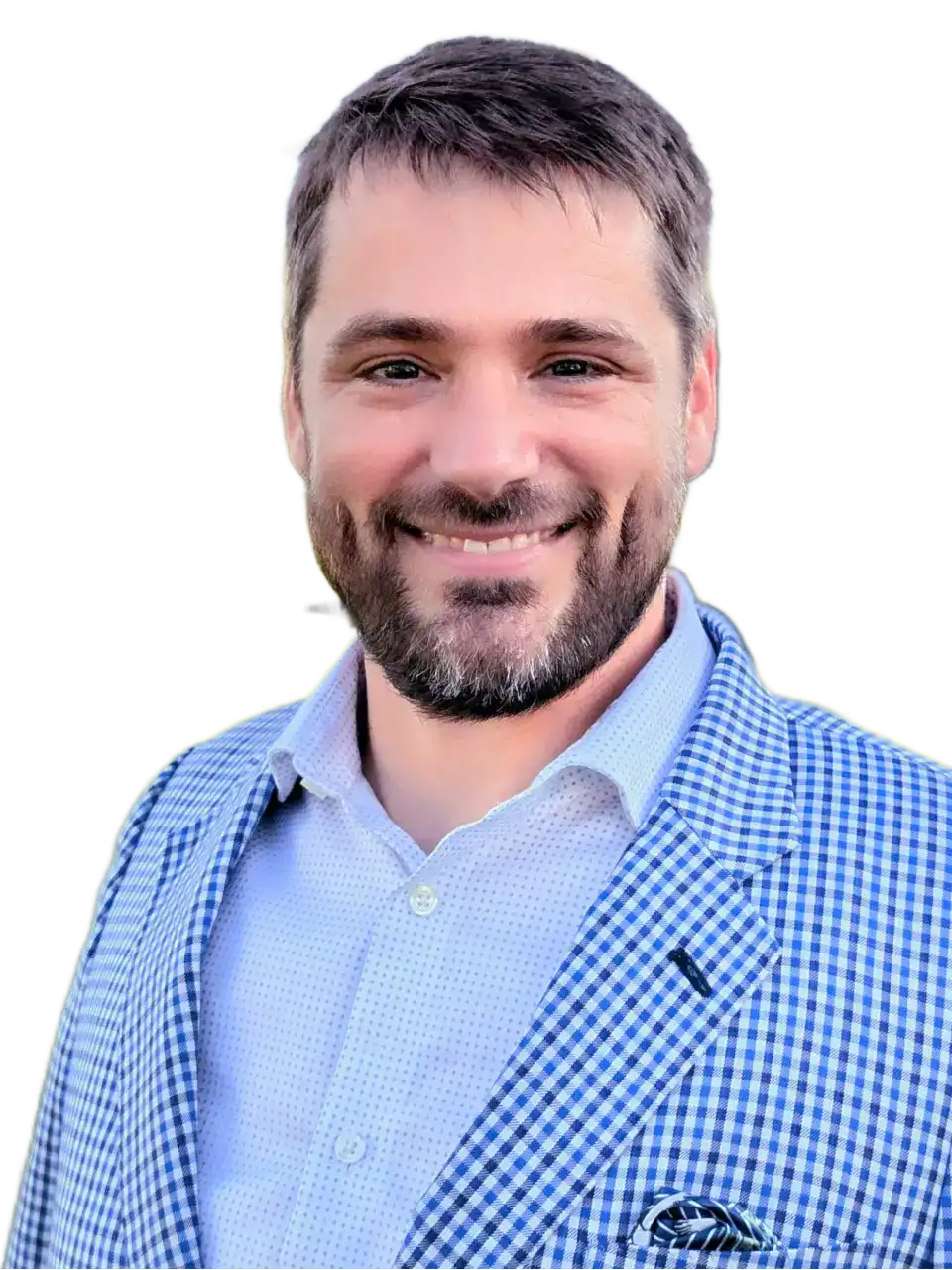 Smiling man in blue checkered blazer and light blue shirt.