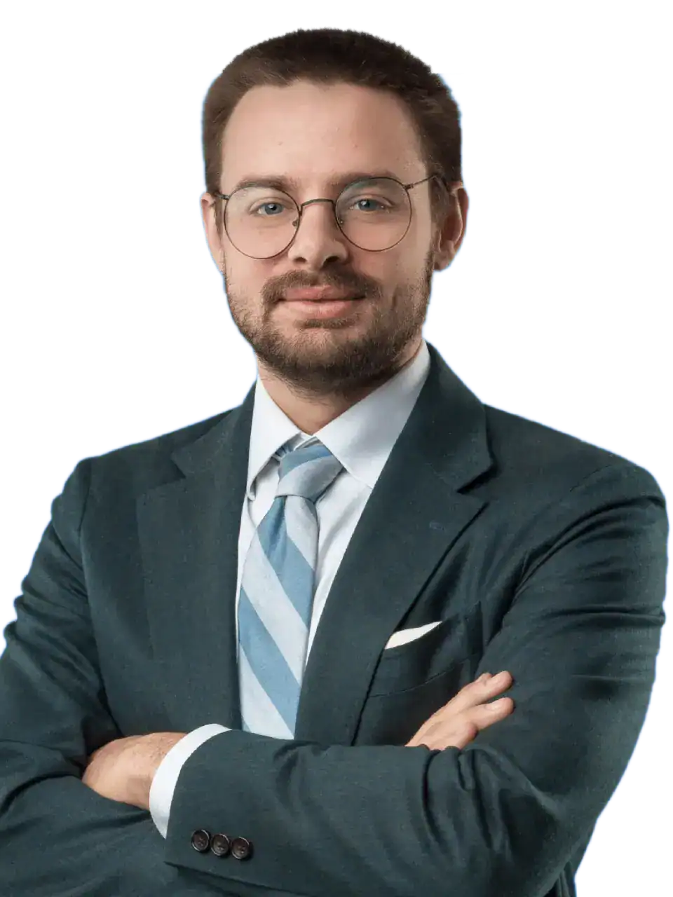 Professional man in suit with crossed arms, confident and approachable.