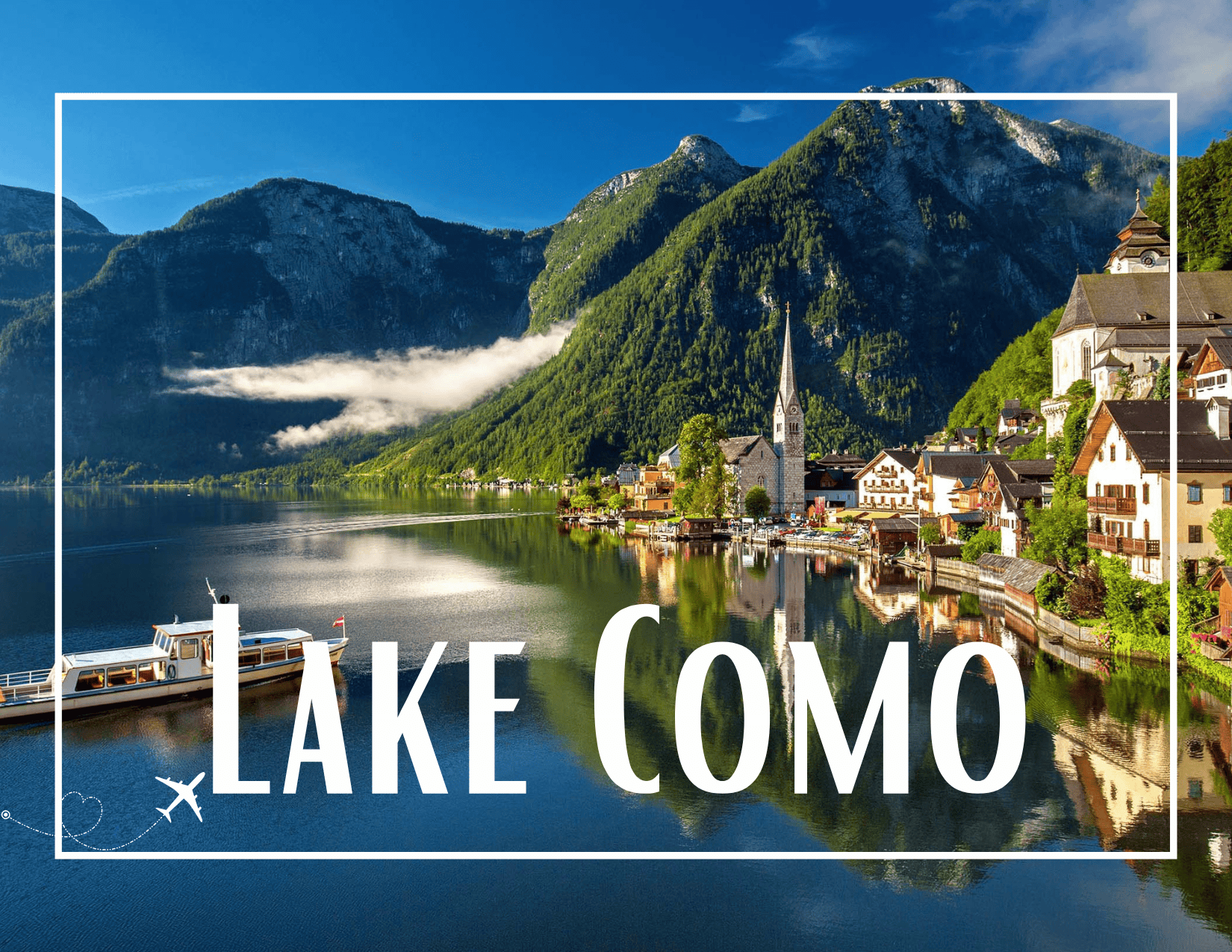 Scenic view of Lake Como with mountains, village, and boat in Italy.