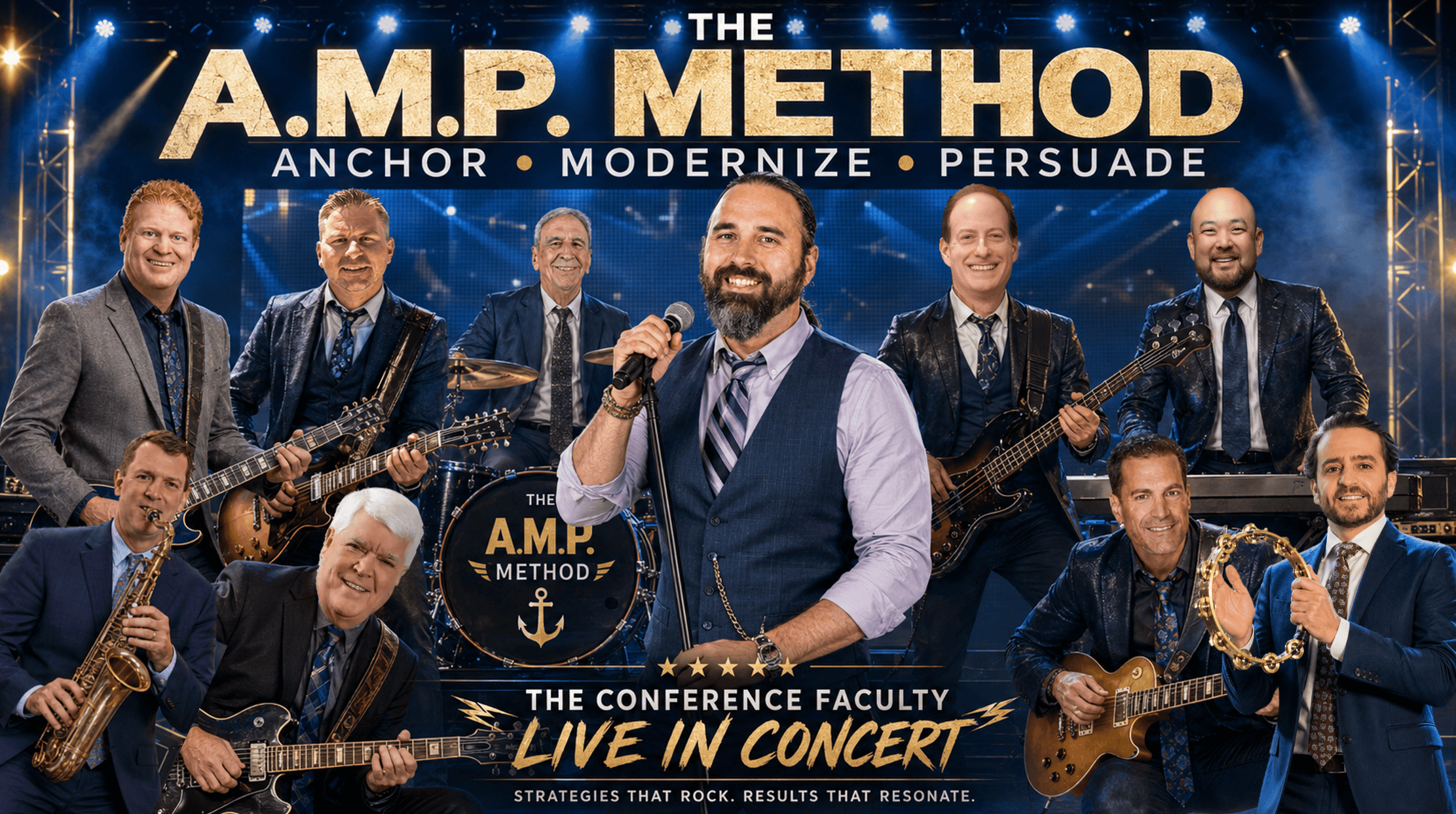 The A.M.P. Method band performing live at a concert with a stage and lighting.