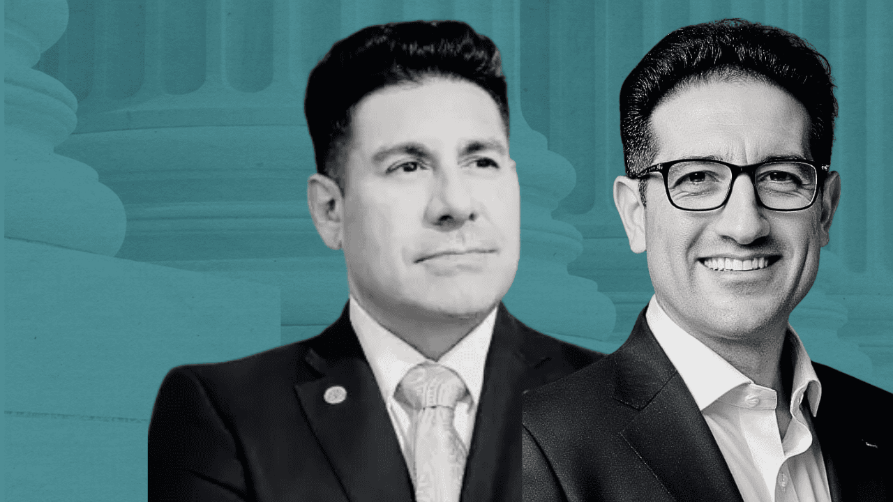 Two professional men in suits smiling, courthouse background, connectionology branding.