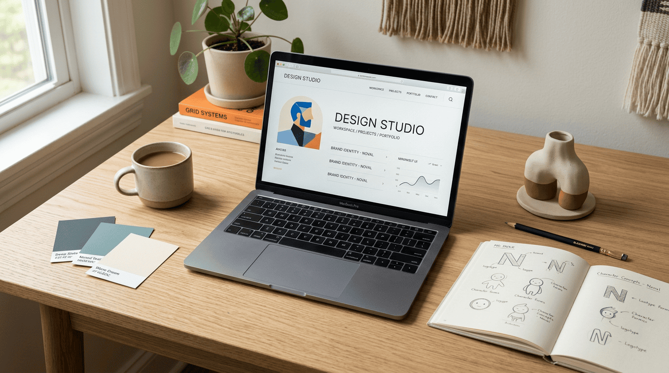 A minimalist creative workspace displaying a digital employee character profile on a laptop screen