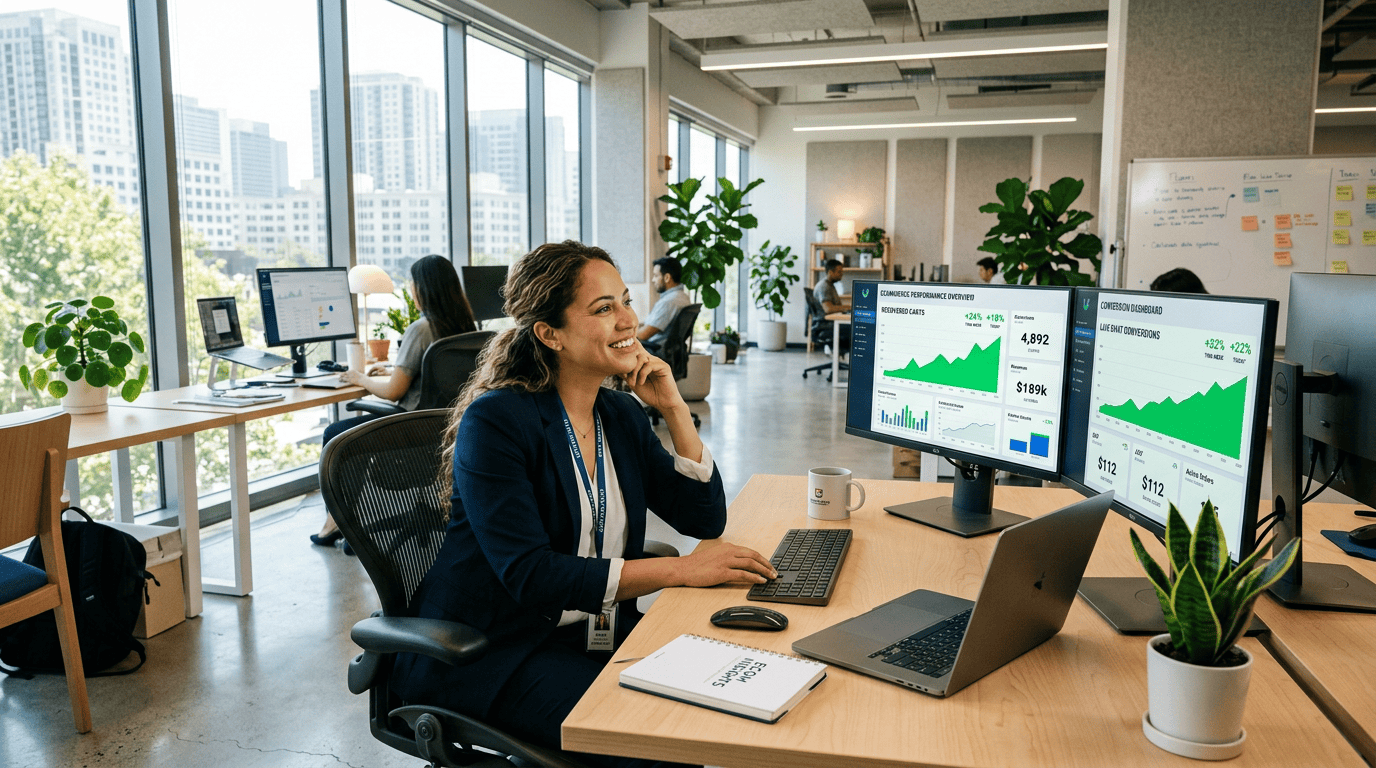 A professional modern e-commerce operations room with screens showing real-time analytics of recovered carts and live chat conversions.