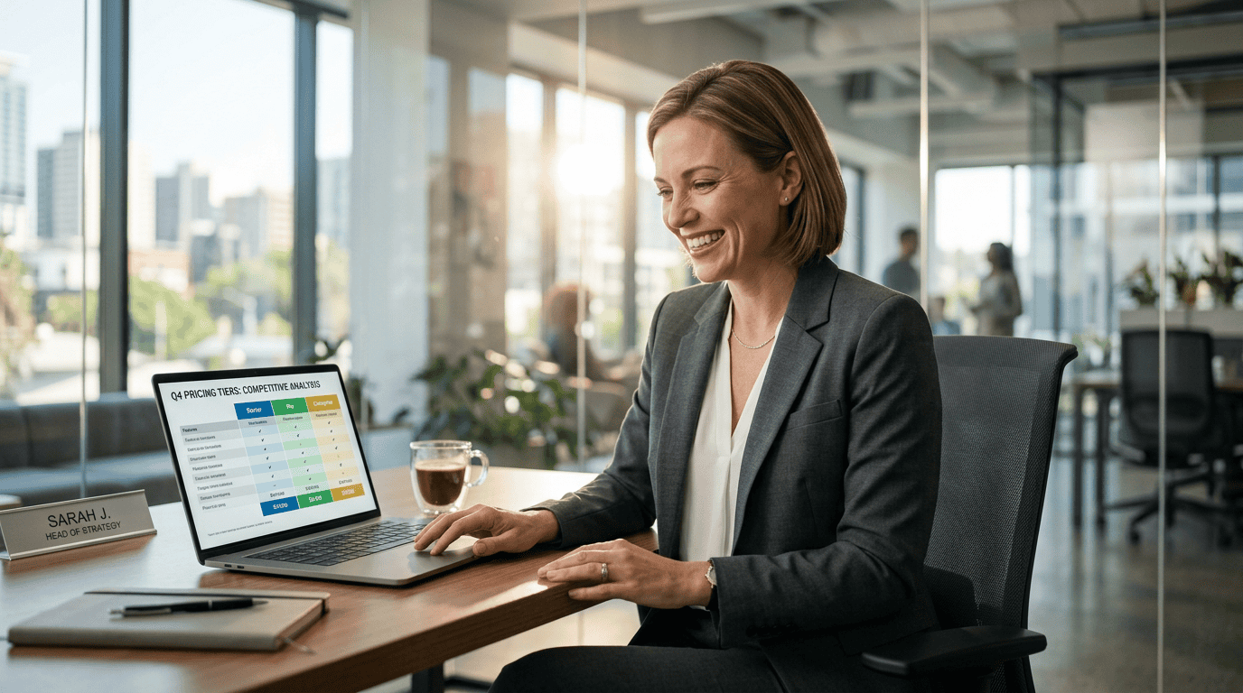 Corporate executive reviewing a dynamic pricing comparison on a laptop screen
