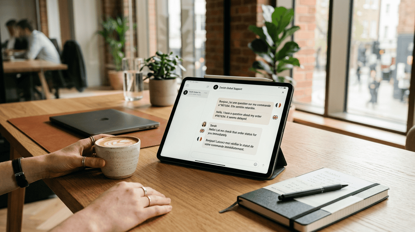 Sleek modern wooden desk in a contemporary office displaying a minimalist customer support chat interface on a tablet with real-time multilingual translation