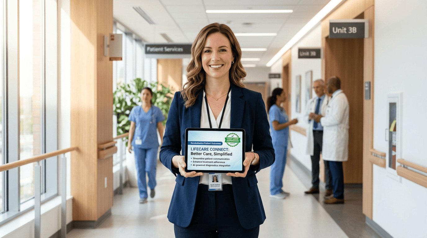 Healthcare marketing director verifying compliant medical content on a tablet
