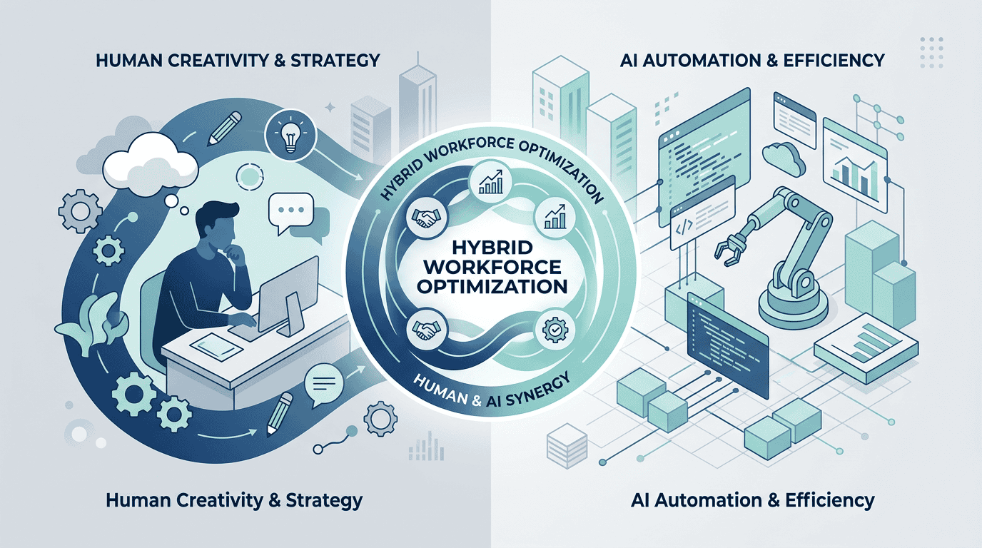 A premium minimalist vector illustration depicting hybrid workforce optimization.