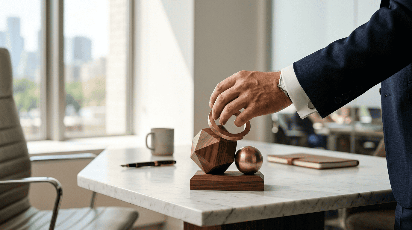 Human hand adjusting geometric sculpture representing AI governance and human oversight
