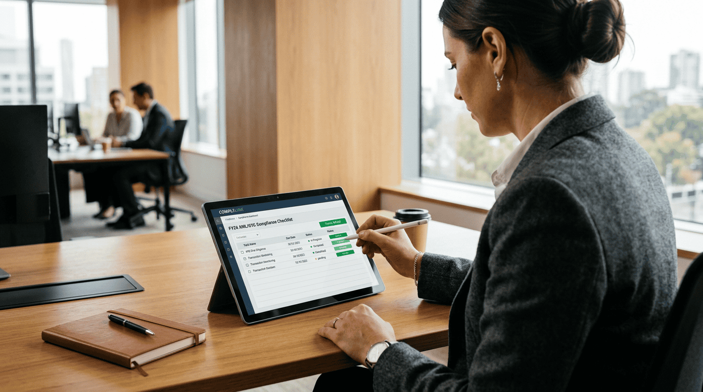 An over-the-shoulder editorial photograph of a professional female risk officer in a tailored charcoal blazer, reviewing a compliance checklist on a sleek tablet. She is using a stylus to interact with a clean, realistic enterprise SaaS dashboard displaying structured data tables and a clear 'Verified' status indicator. The setting is a bright, minimalist corporate office with warm oak paneling, soft natural daylight, and a shallow depth of field. The aesthetic is premium, clean, and highly professional, avoiding any futuristic sci-fi or glowing holographic elements.