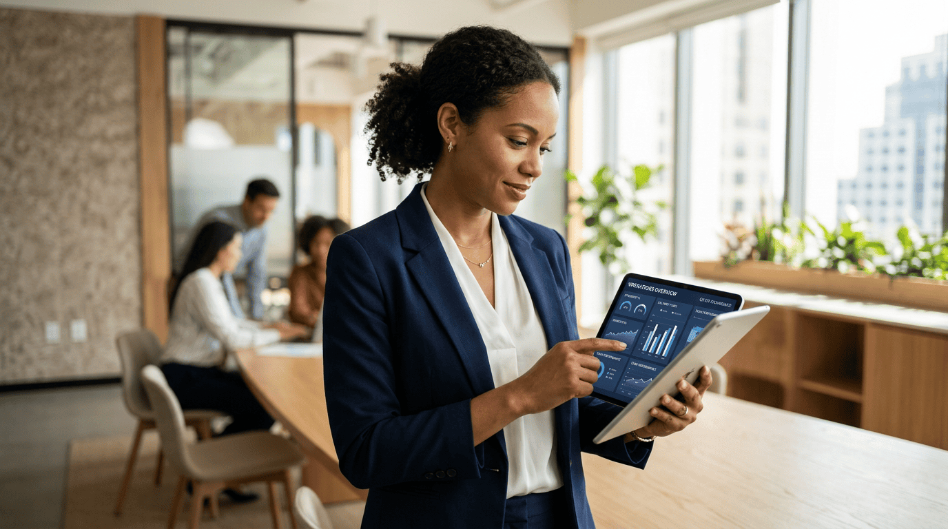 Operations supervisor validating data on a tablet in a modern office