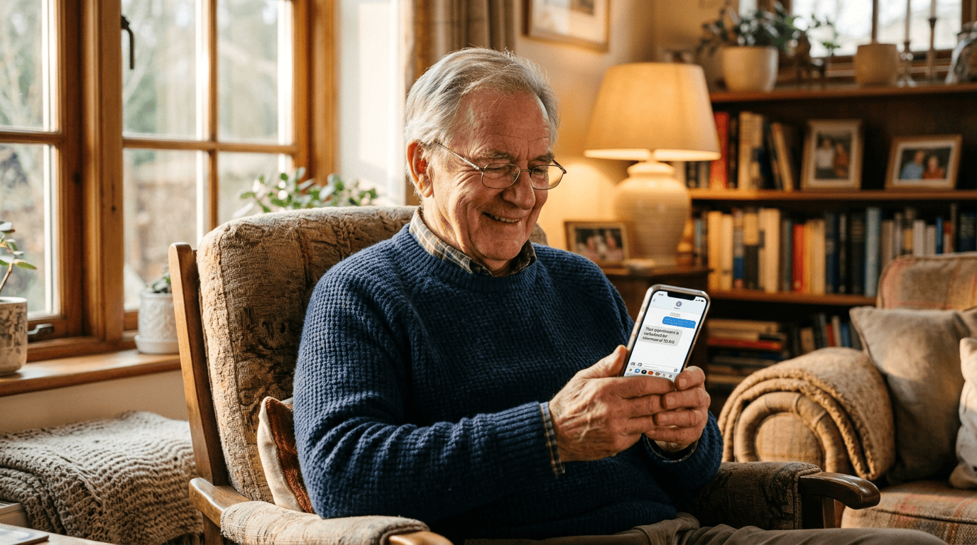 An elderly man sitting in a cozy living room chair, smiling at his smartphone which displays a scheduled medical appointment.