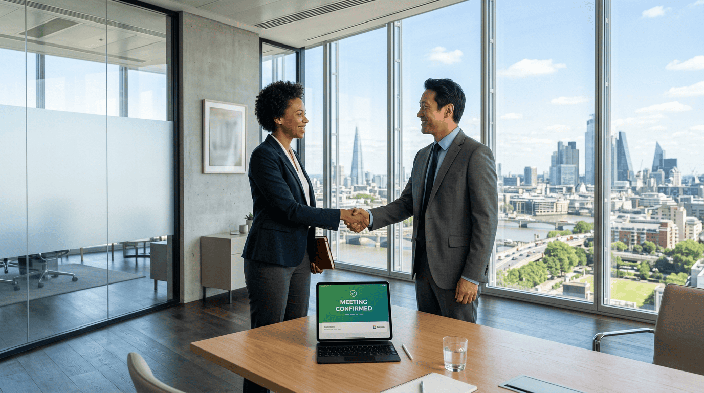 Business professionals shaking hands in a meeting room