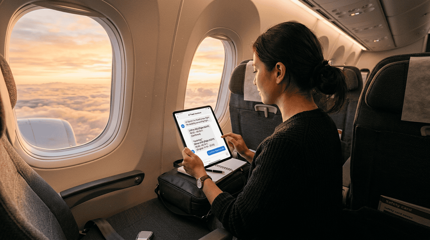 An over-the-shoulder shot of a passenger sitting in a premium window seat of a modern airplane, using a tablet to chat with an AI travel agent to reschedule a connecting flight.