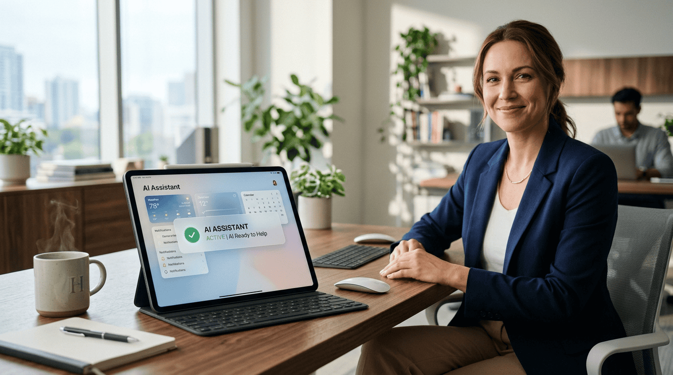 Sleek tablet displaying a clean, transparent AI Assistant status badge alongside a supportive human agent