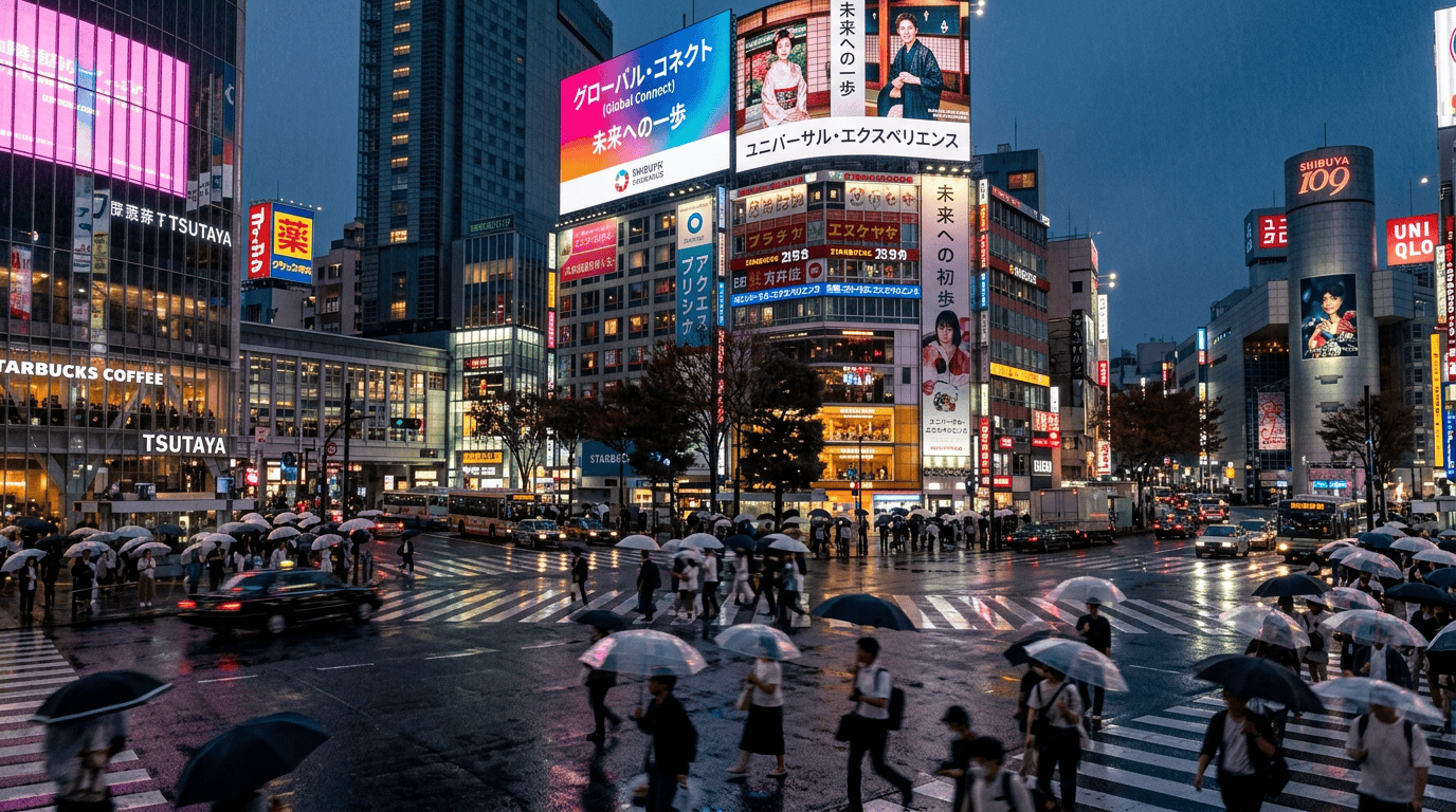 A localized global brand campaign displayed on digital billboards in a rainy Tokyo street