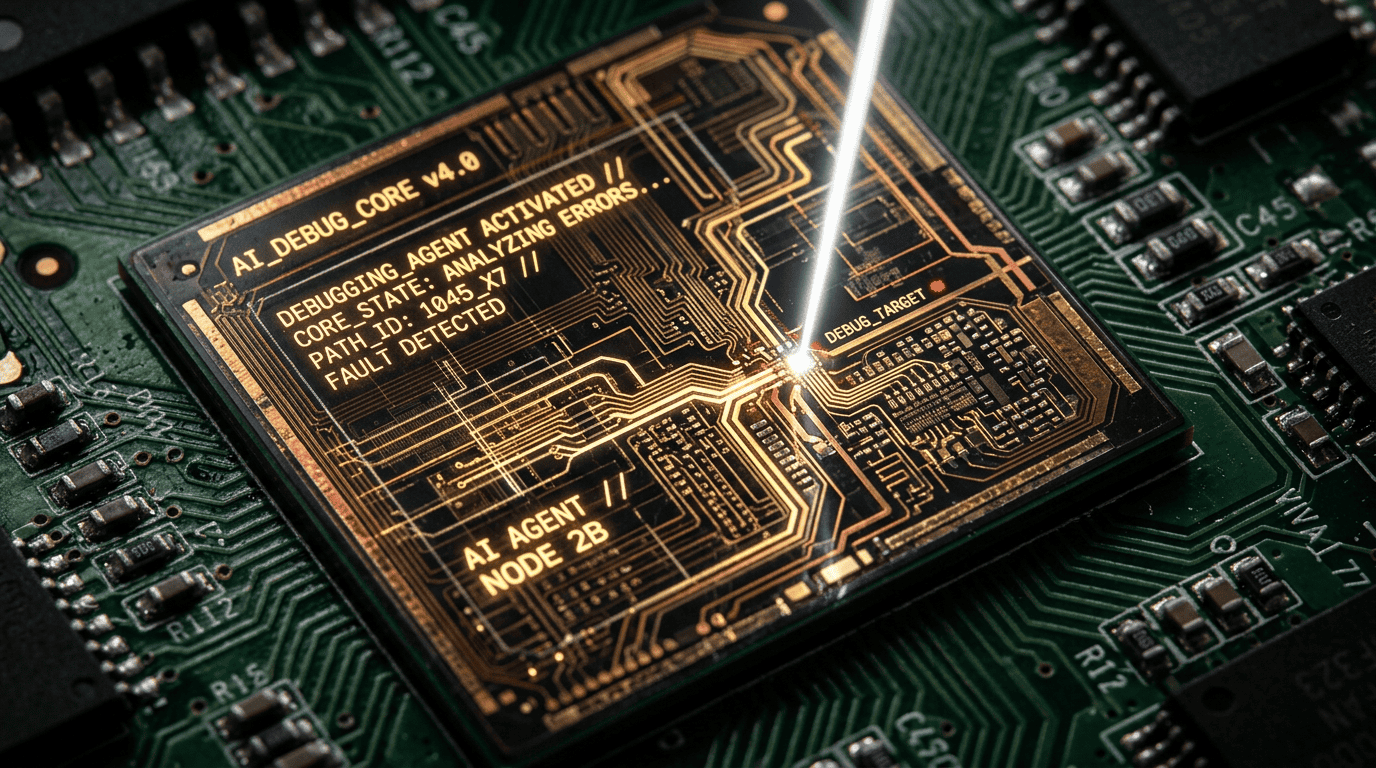 An intricate gold and copper pathway on a silicon microchip glowing faintly, symbolizing an AI agent debugging a complex error