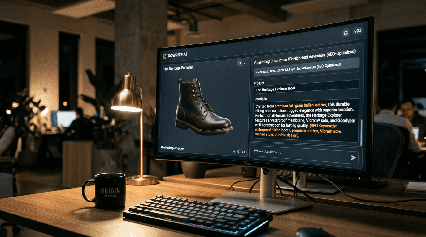 The Conturalis AI copywriting dashboard in action, showing real-time generation of unique, SEO-optimized product descriptions for high-end catalog items.