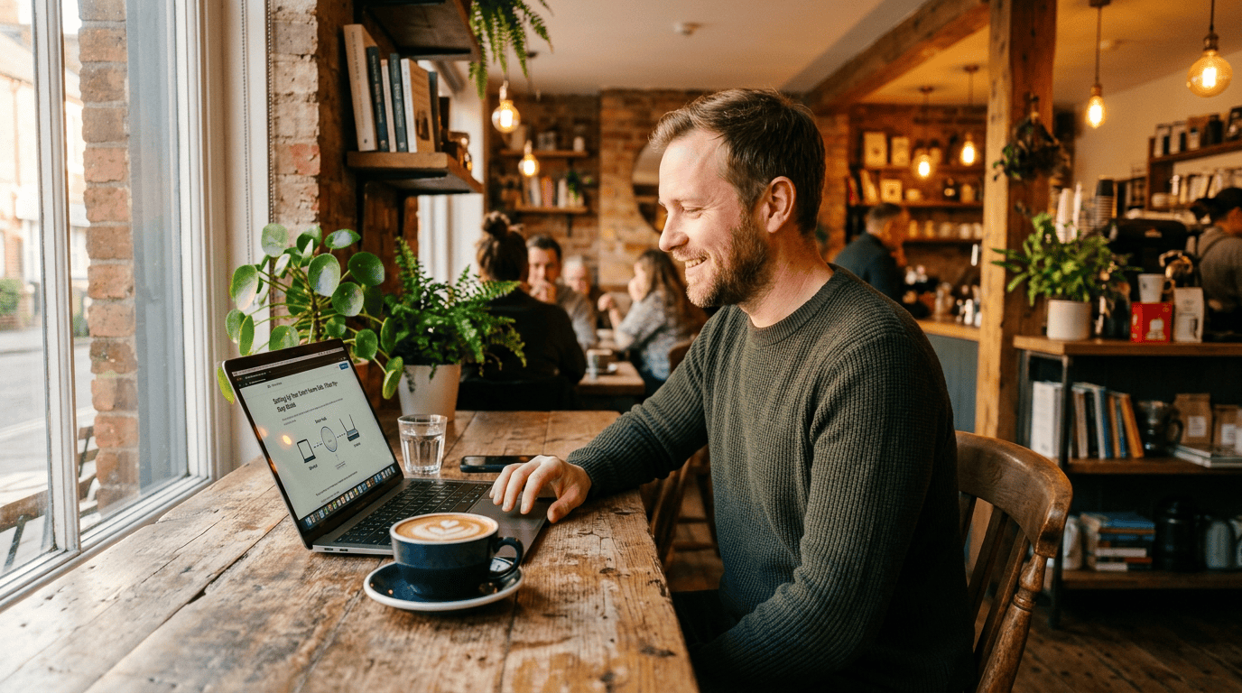 A user reading a clear, step-by-step customer help article on a laptop in a coffee shop