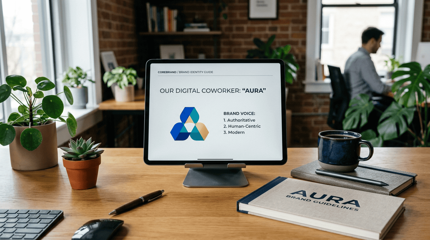Premium editorial lifestyle photography of a modern, sunlit creative studio desk featuring a tablet displaying a digital coworker brand identity dashboard.