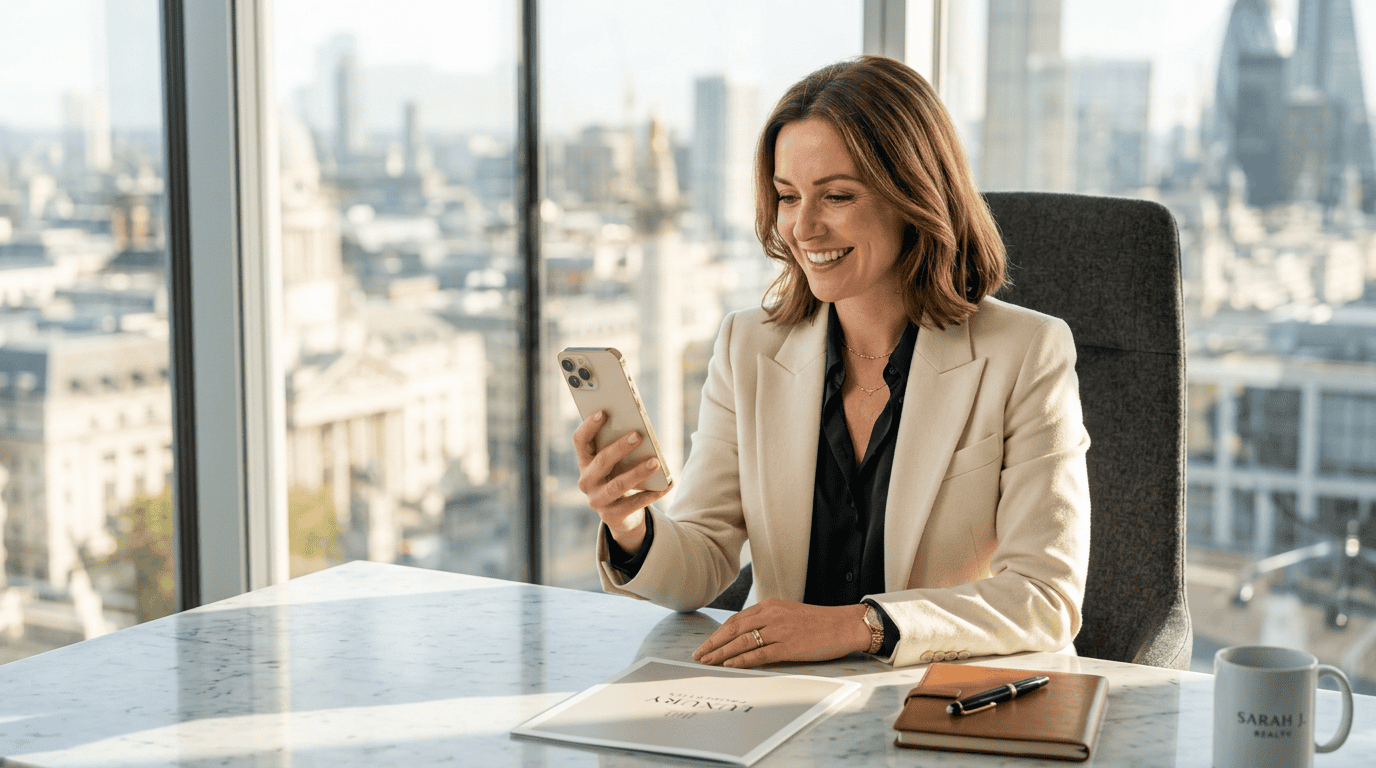 Professional real estate agent smiling at her phone after receiving a qualified lead notification