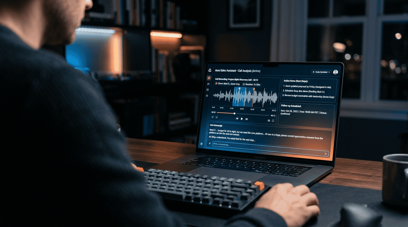 An over-the-shoulder close-up shot of a high-end laptop screen in a moody, dimly lit home office. The screen displays an advanced AI sales assistant interface processing an audio waveform from a discovery call, extracting text like Action Items and Follow-up Scheduled into structured CRM fields. The glow from the monitor casts soft blue and orange light on a modern mechanical keyboard in the foreground. Photorealistic, cinematic lighting, sharp focus on the screen UI, 50mm lens.