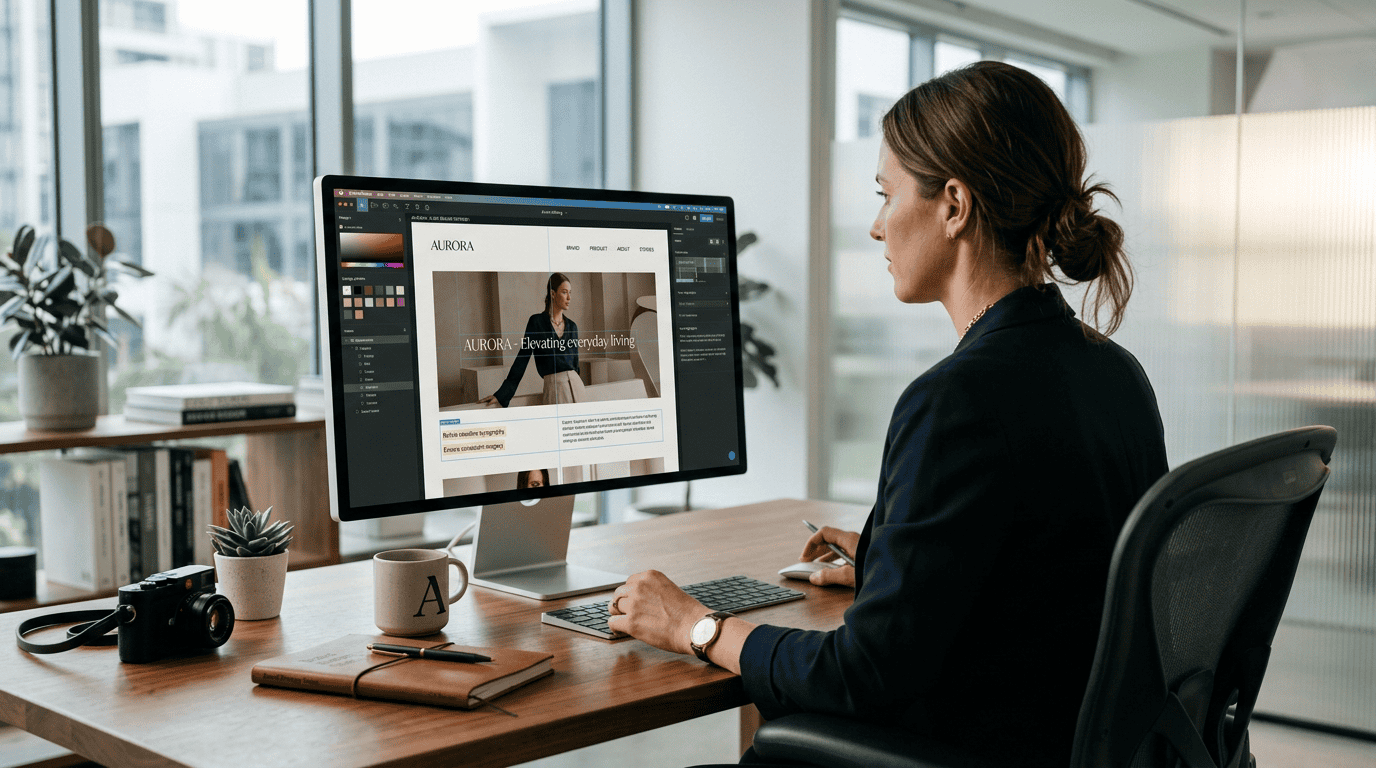 Professional brand director reviewing digital content on a sleek monitor for brand integrity and human control in AI