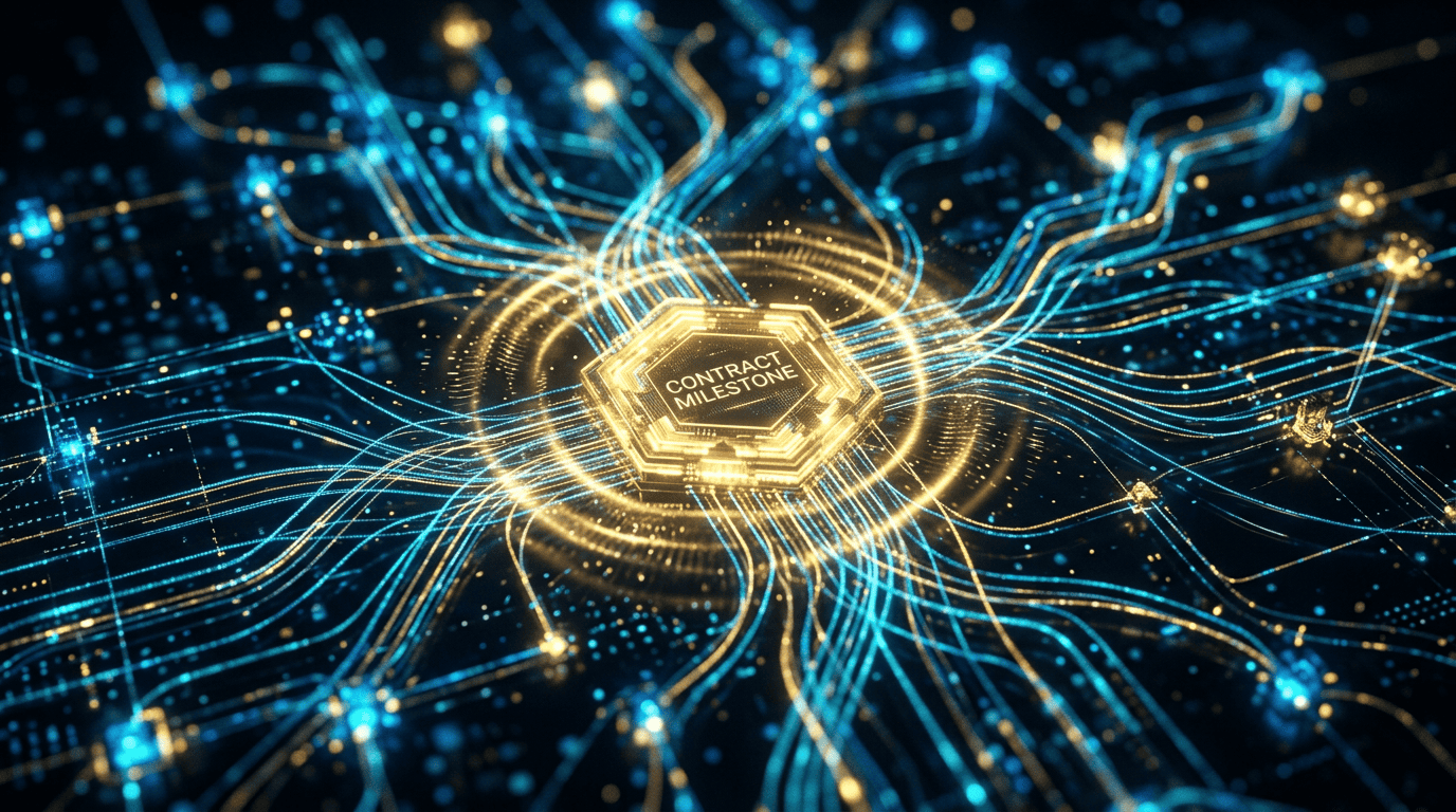 A glowing digital network representing customer data streams and contract milestones pulsing with golden light