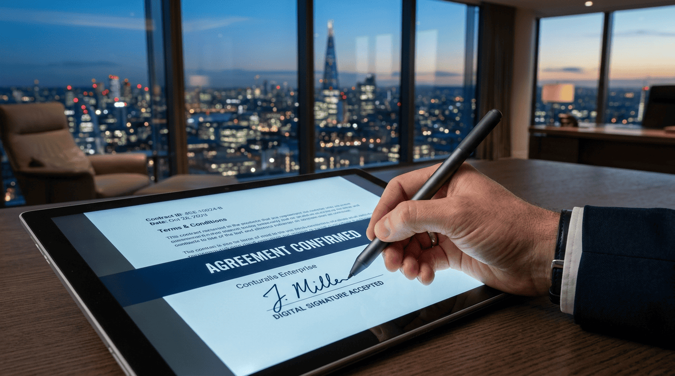 A hand signing an Agreement Confirmed contract on a tablet screen