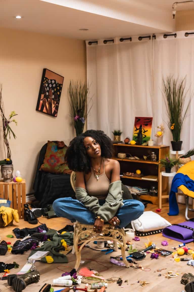 Vibrant portrait of a young artist in a creatively cluttered urban studio.