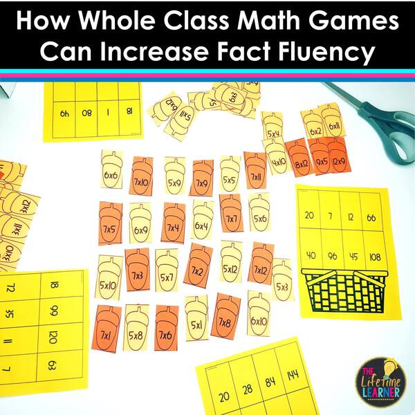picture of whole class math games for fall with acorns in middle with math facts and baskets with answers and the title says how whole class math games can increase fact fluency