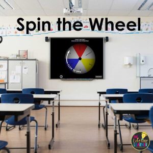 classroom with a whiteboard that shows a spin the wheel game during classroom review games