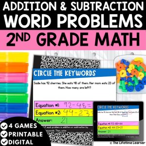 Add and Subtract Word Problems within 100 2nd Grade Math Task Cards