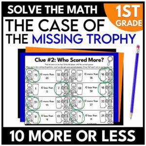 1st grade sports mystery 10 more 10 less math review
