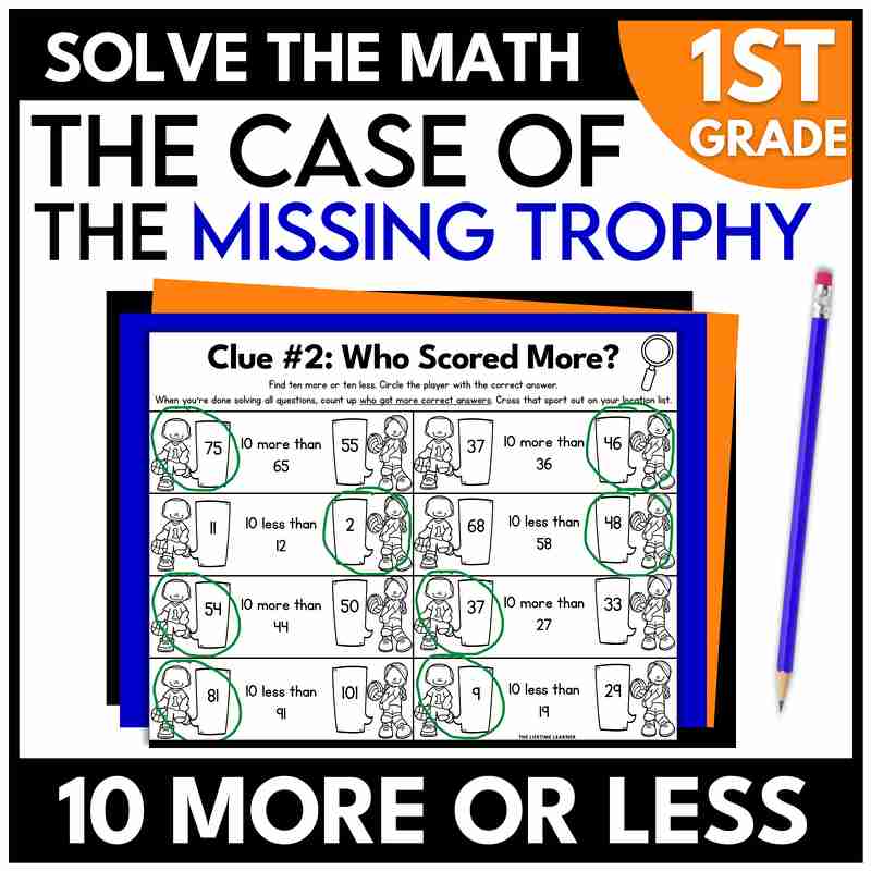 1st grade sports mystery 10 more 10 less math review