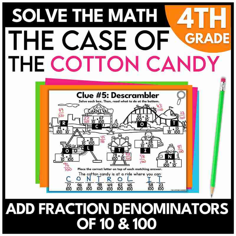 4th Grade Theme Park Mystery Add Fraction Denominators of 10 and 100