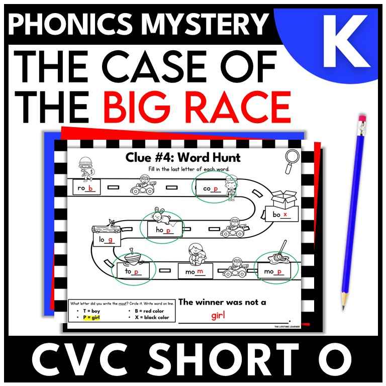 Race Car Kindergarten Phonics Mystery – CVC Short O Words