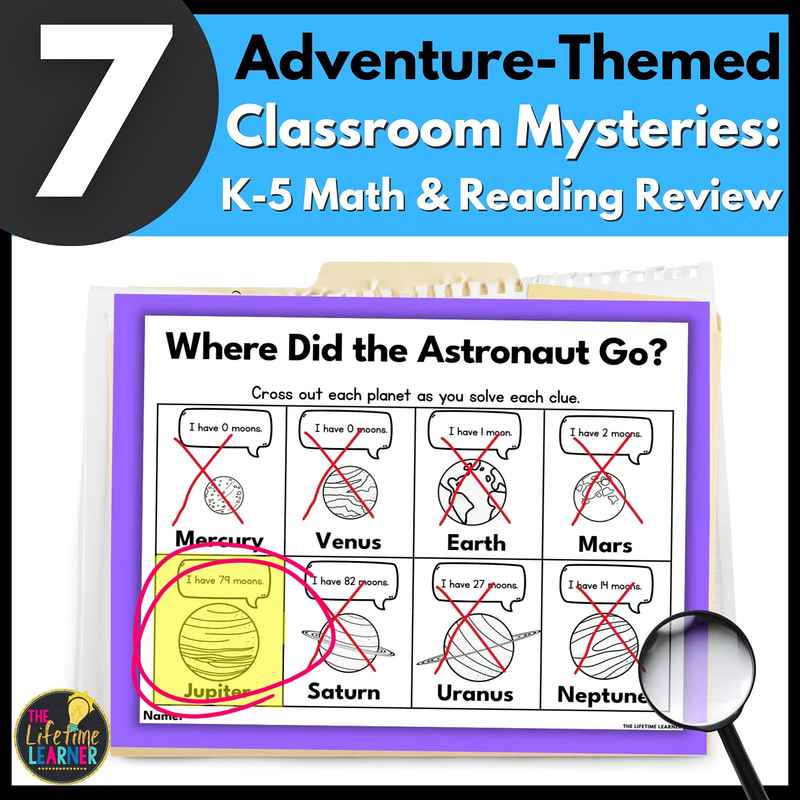 7 adventure themed math and reading mysteries